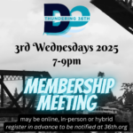 Thundering 36th 3rd Wednesdays 2025 7-9pm Background is of the Salmon Bay Bridge Membership Meeting may be online, in-person, or hybrid; register in advance to be notified at 36th.org