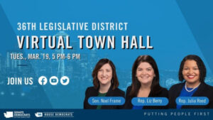 36th legislative district virtual townhall Tues mar 19 5pm-6pm join us Sen Noel Frame, Rep Liz Berry, Rep Julia Reed